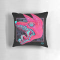 Pastel-colored pillow featuring an unsettling canine face with large, wide-open eyes.