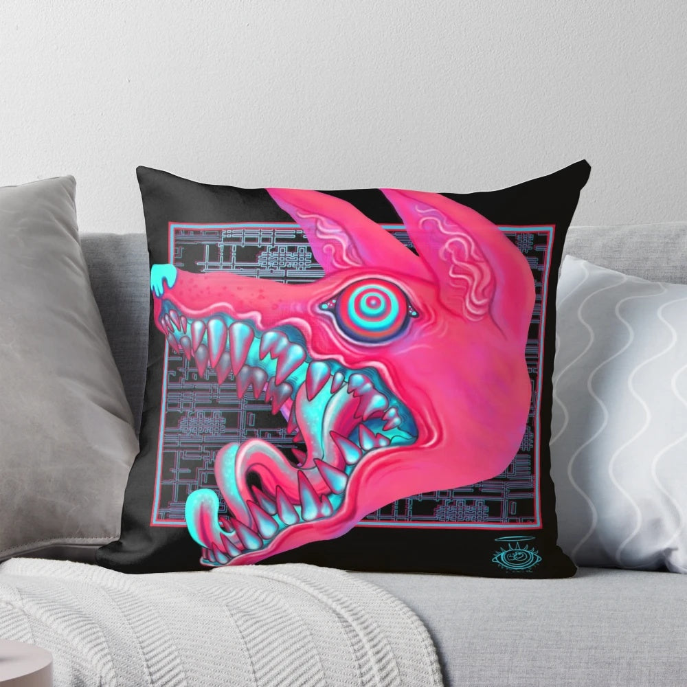 Pastel-colored pillow featuring an unsettling canine face with large, wide-open eyes.