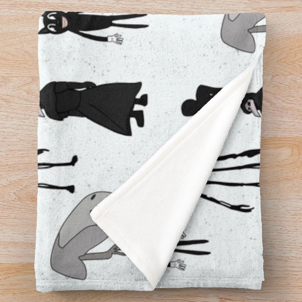 Plush blanket featuring siren head, bridge worm, cartoon cat, and other spooky monsters