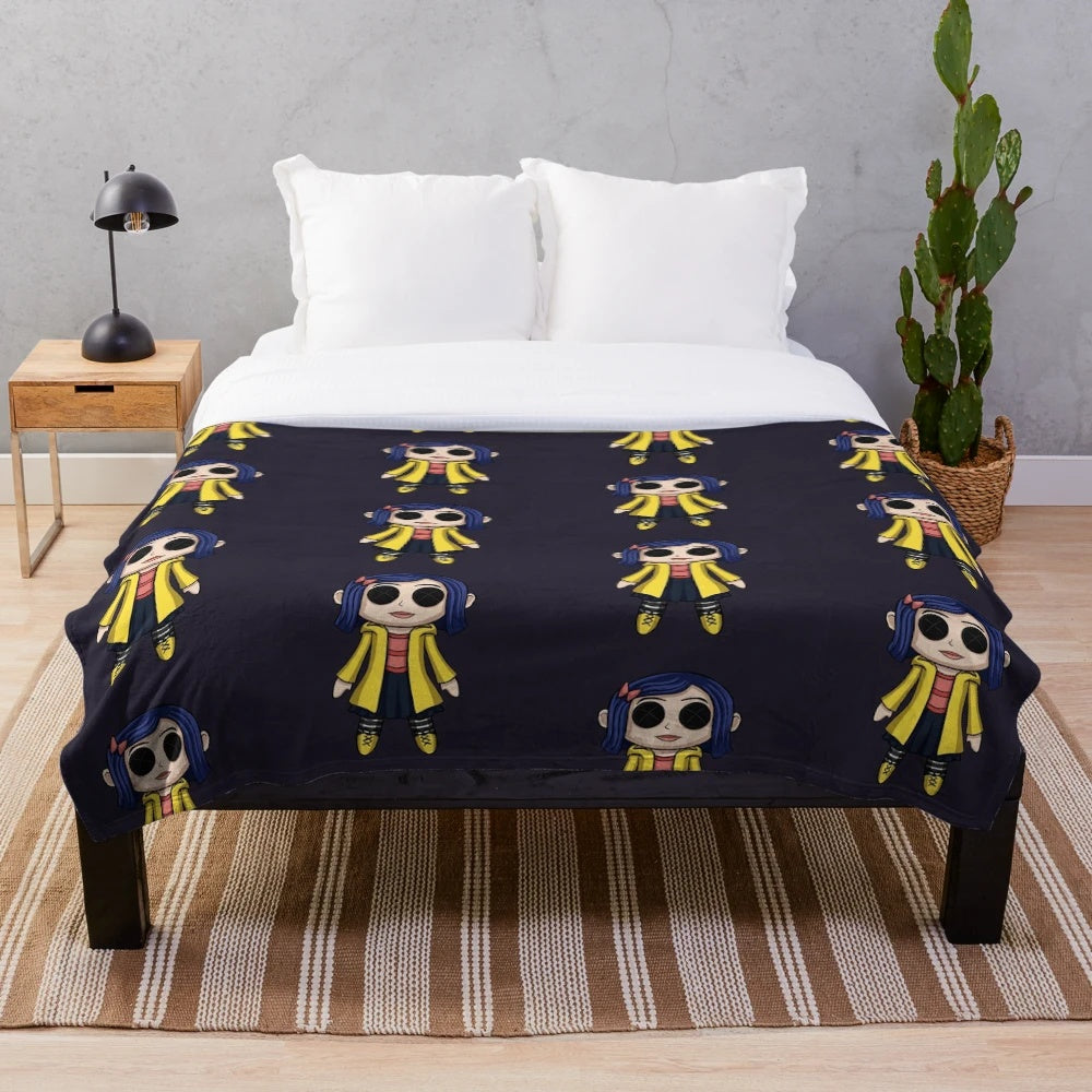 Coraline doll chibi plush blanket for spooky home decor