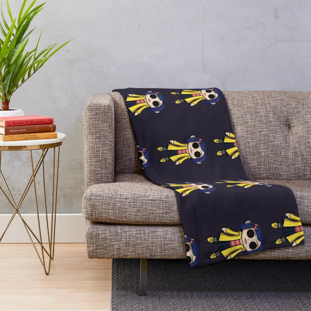 Coraline doll chibi plush blanket for spooky home decor