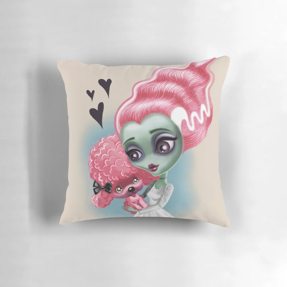 A decorative pillow featuring a gothic, spooky bride character with pink hair and a creepy, macabre design.