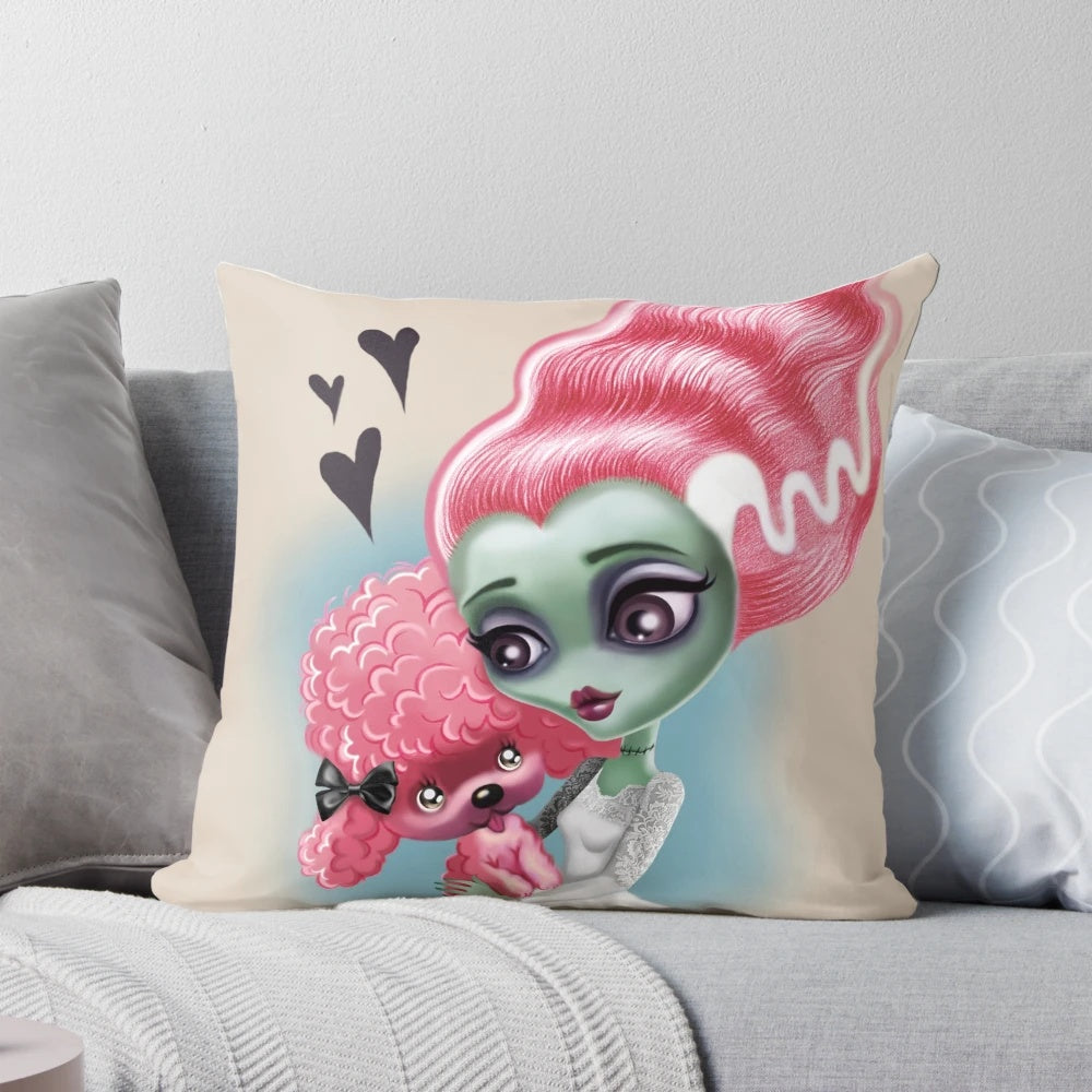 A decorative pillow featuring a gothic, spooky bride character with pink hair and a creepy, macabre design.