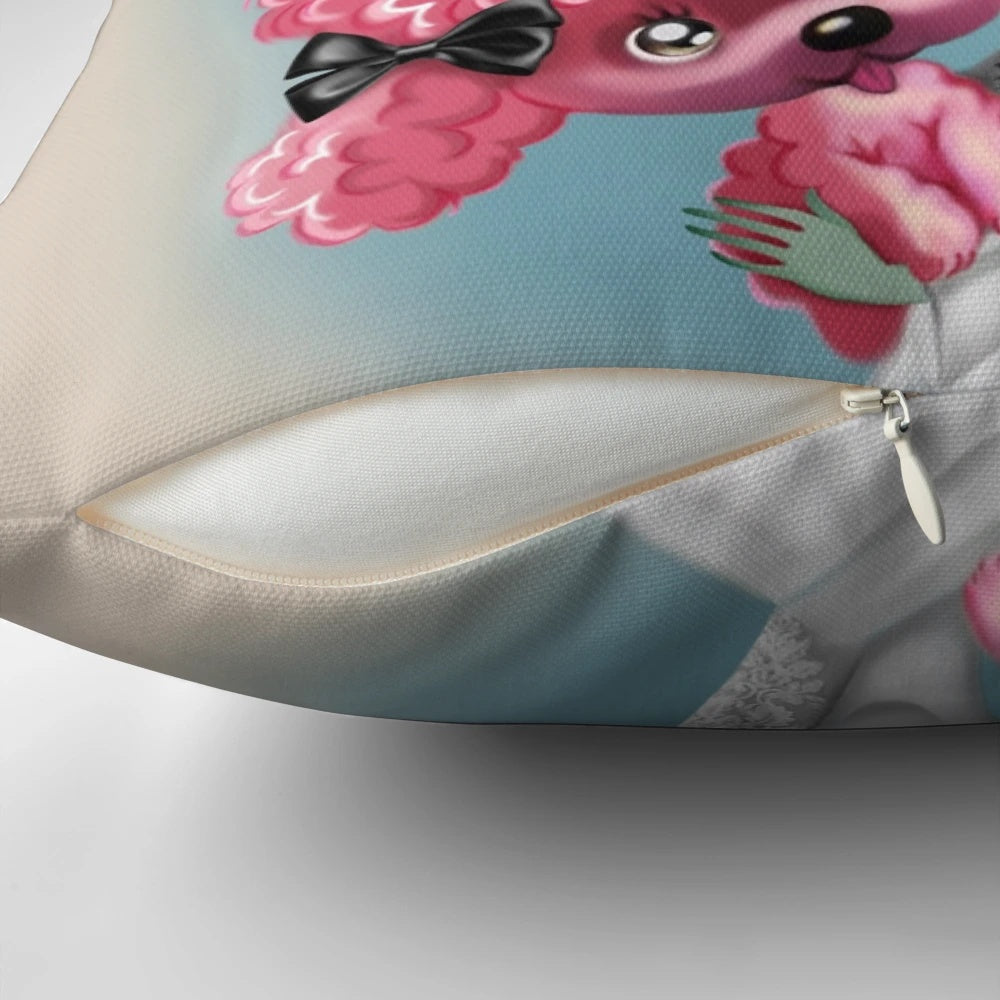 A decorative pillow featuring a gothic, spooky bride character with pink hair and a creepy, macabre design.