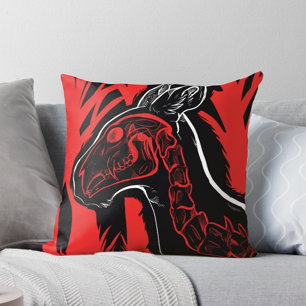 Spooky pillow with a deer skull and demonic design, perfect for gothic and horror-themed home decor.