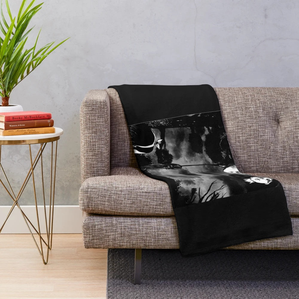 Creepy plush blanket with hanging balloon design inspired by horror manga