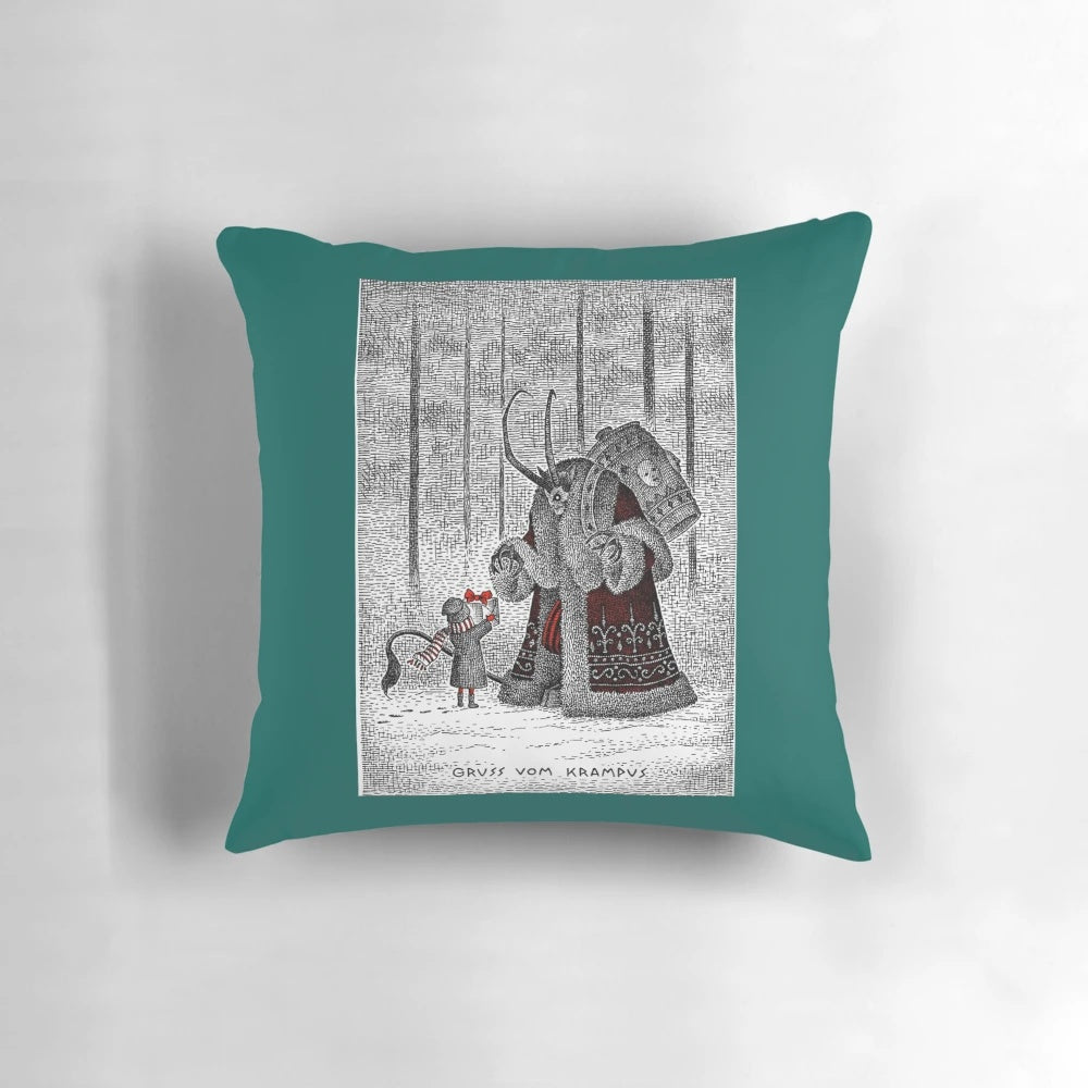 A decorative throw pillow featuring the terrifying Christmas demon, Krampus.