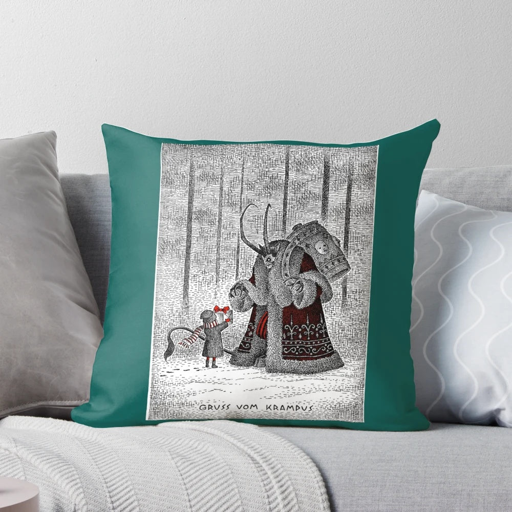 A decorative throw pillow featuring the terrifying Christmas demon, Krampus.