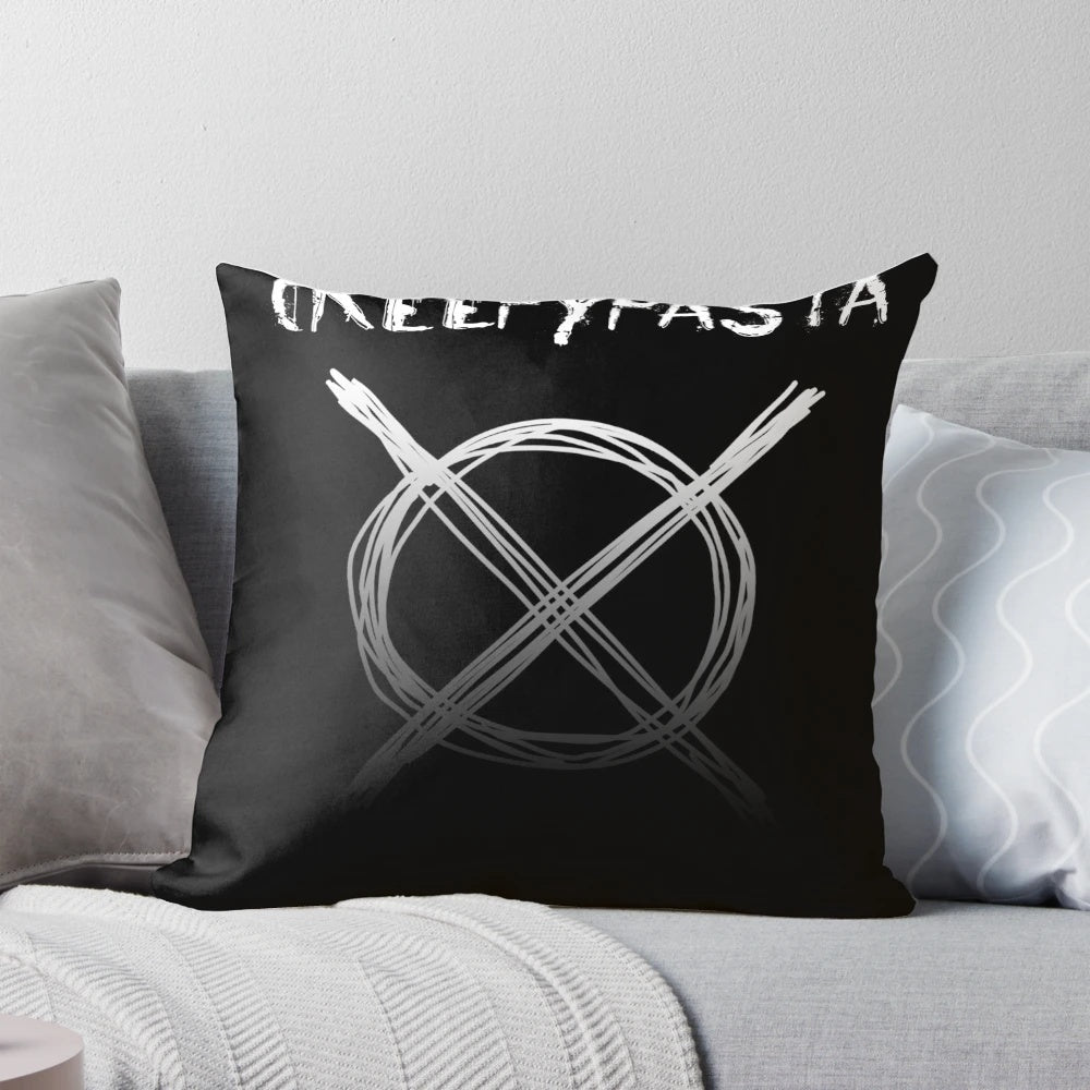 Creepy and spooky decorative pillow featuring a haunting creepypasta design
