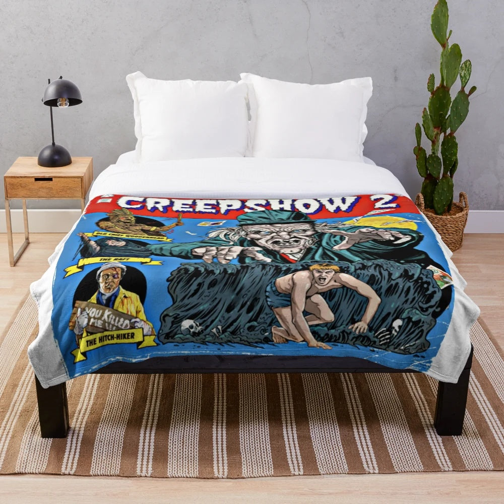 Creepshow 2 inspired plush blanket featuring horror movie imagery