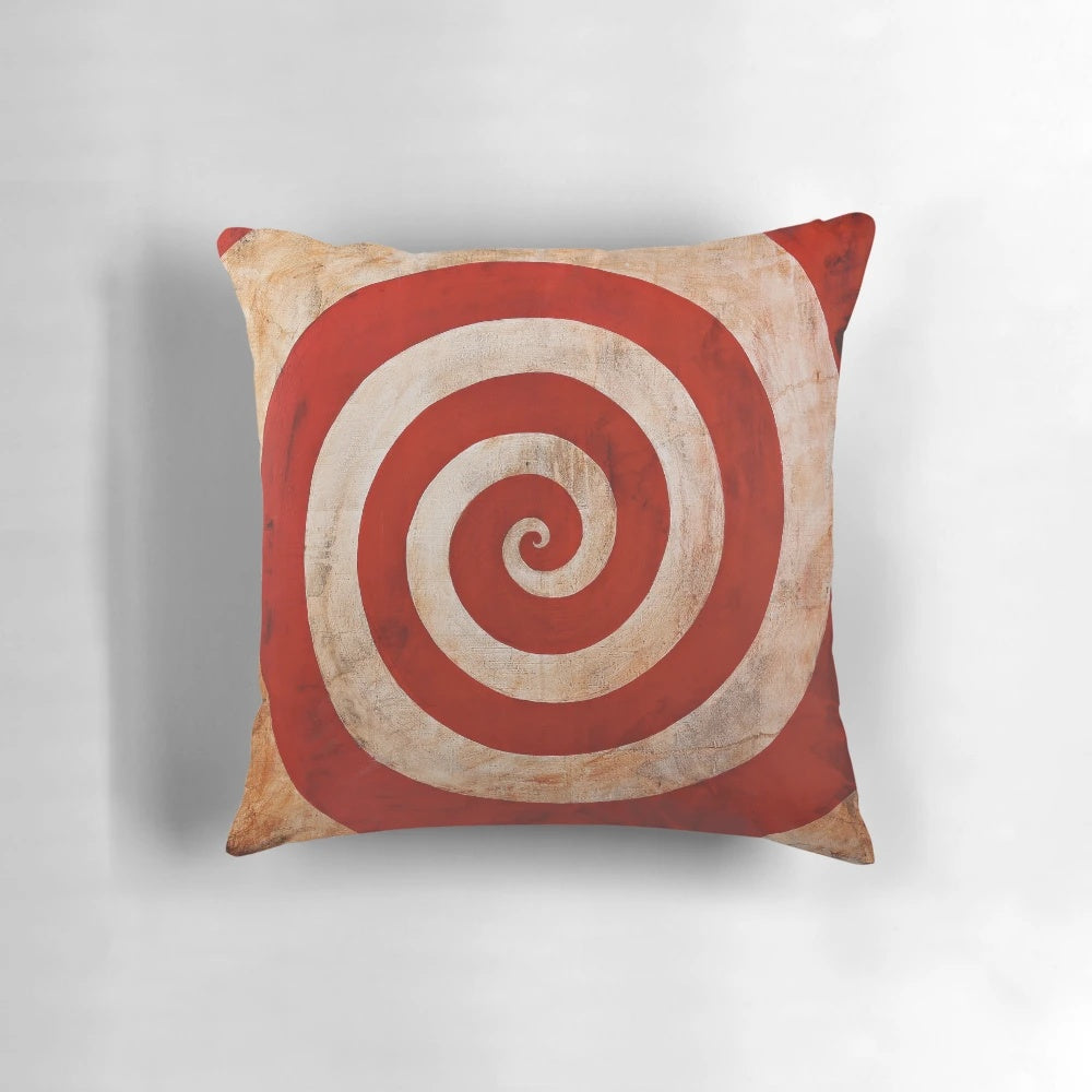 Creepy spiral carnival design pillow with red and white geometric print