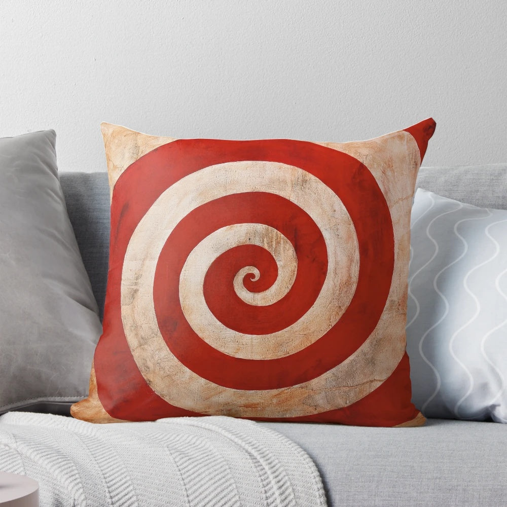Creepy spiral carnival design pillow with red and white geometric print