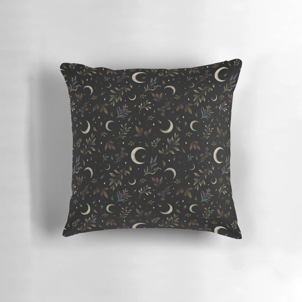 Crescent moon garden pillow with autumn leaves and botanical floral design in a bohemian style