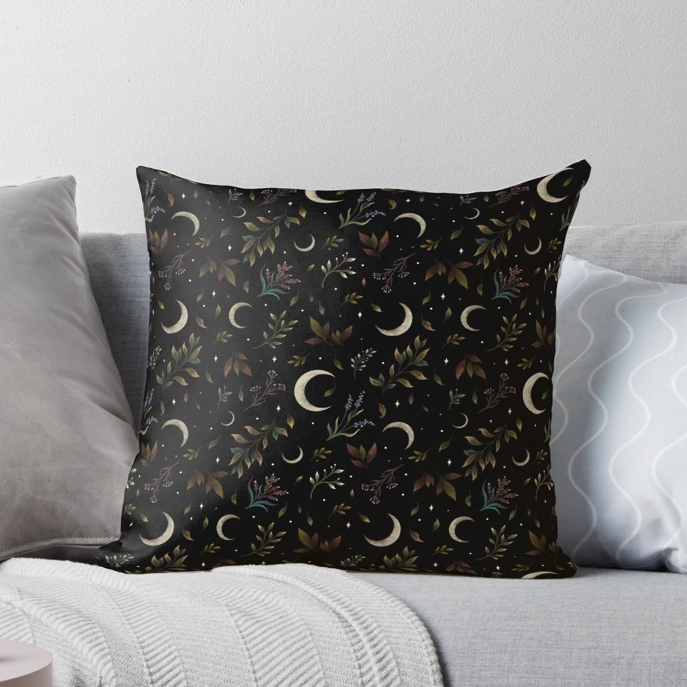 Crescent moon garden pillow with autumn leaves and botanical floral design in a bohemian style