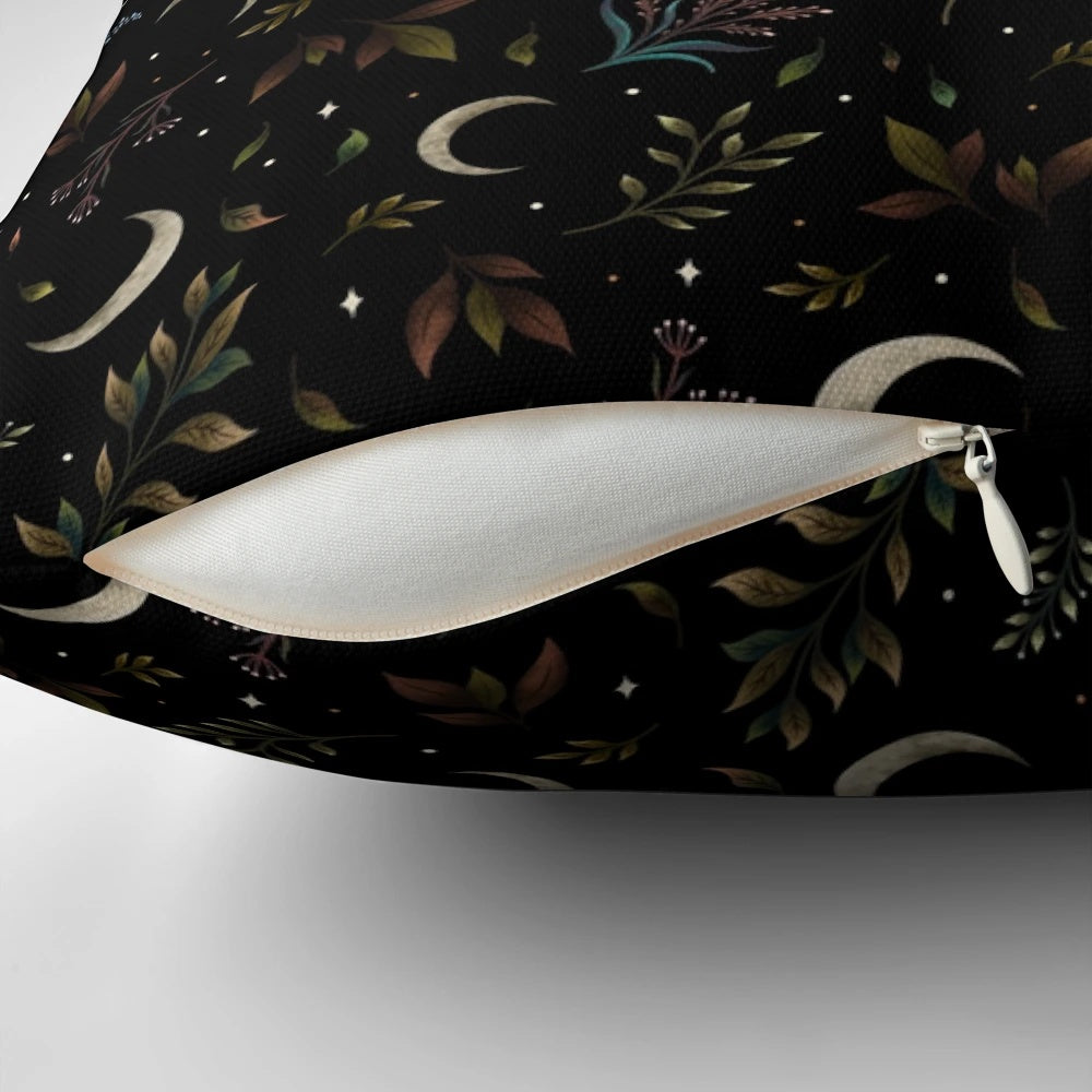 Crescent moon garden pillow with autumn leaves and botanical floral design in a bohemian style