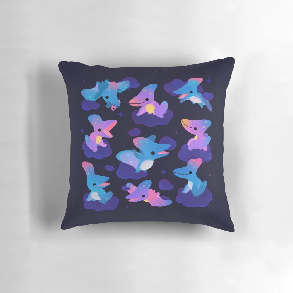 A soft, plush pillow featuring an illustration of a Pteranodon, a majestic flying reptile from the Cretaceous period.