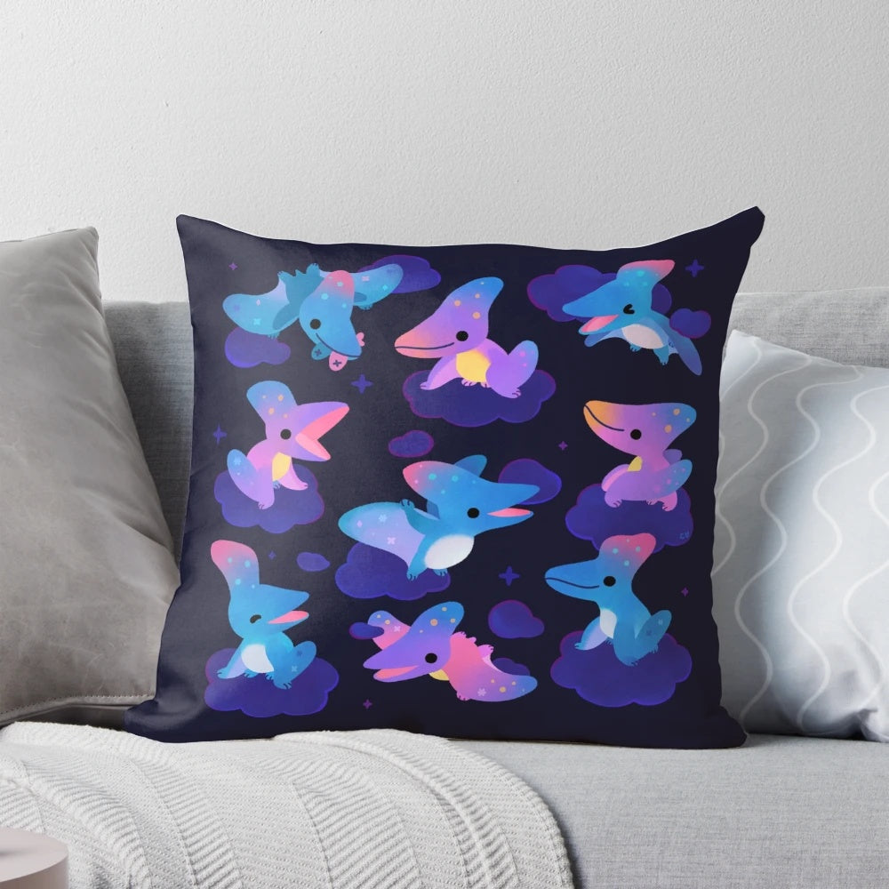 A soft, plush pillow featuring an illustration of a Pteranodon, a majestic flying reptile from the Cretaceous period.
