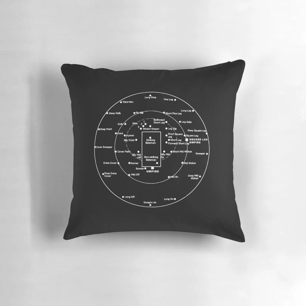 Cricket pitch fielding positions diagram printed on a soft, comfortable pillow.
