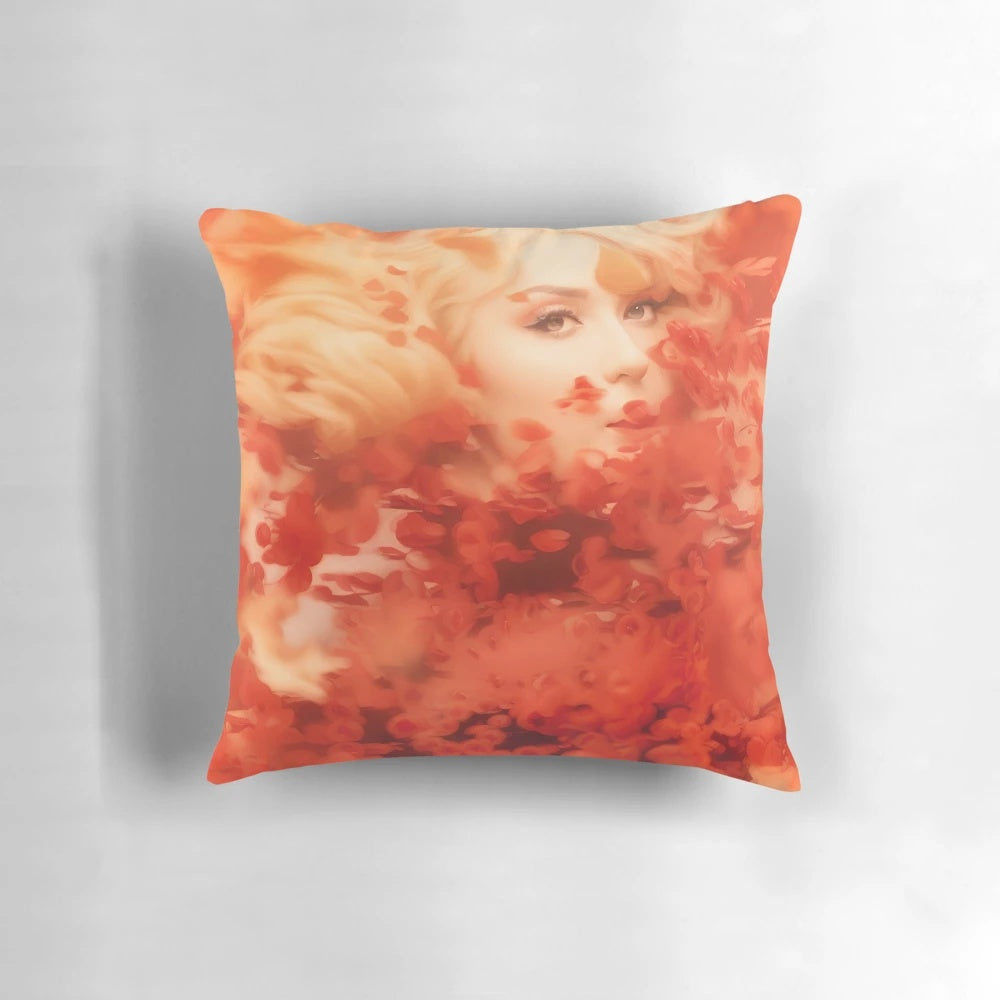 Stunning crimson bloom floral art pillow with a dreamy, nature-inspired portrait of a woman in flowers.