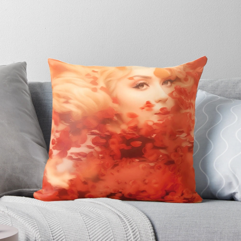 Stunning crimson bloom floral art pillow with a dreamy, nature-inspired portrait of a woman in flowers.