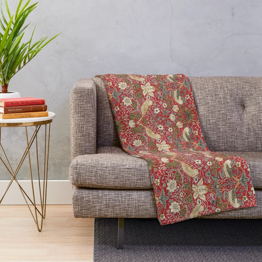 Crimson and emerald green floral pattern plush blanket with bird motif