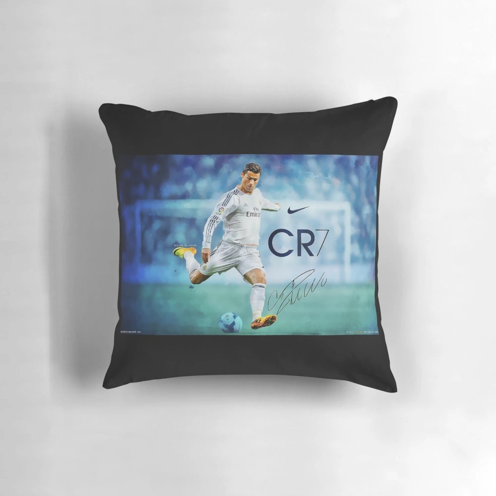Pillow featuring an image of Cristiano Ronaldo, the famous soccer player.