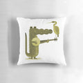 A decorative throw pillow featuring a vibrant digital art design of a crocodile and stork in a nature-inspired landscape.