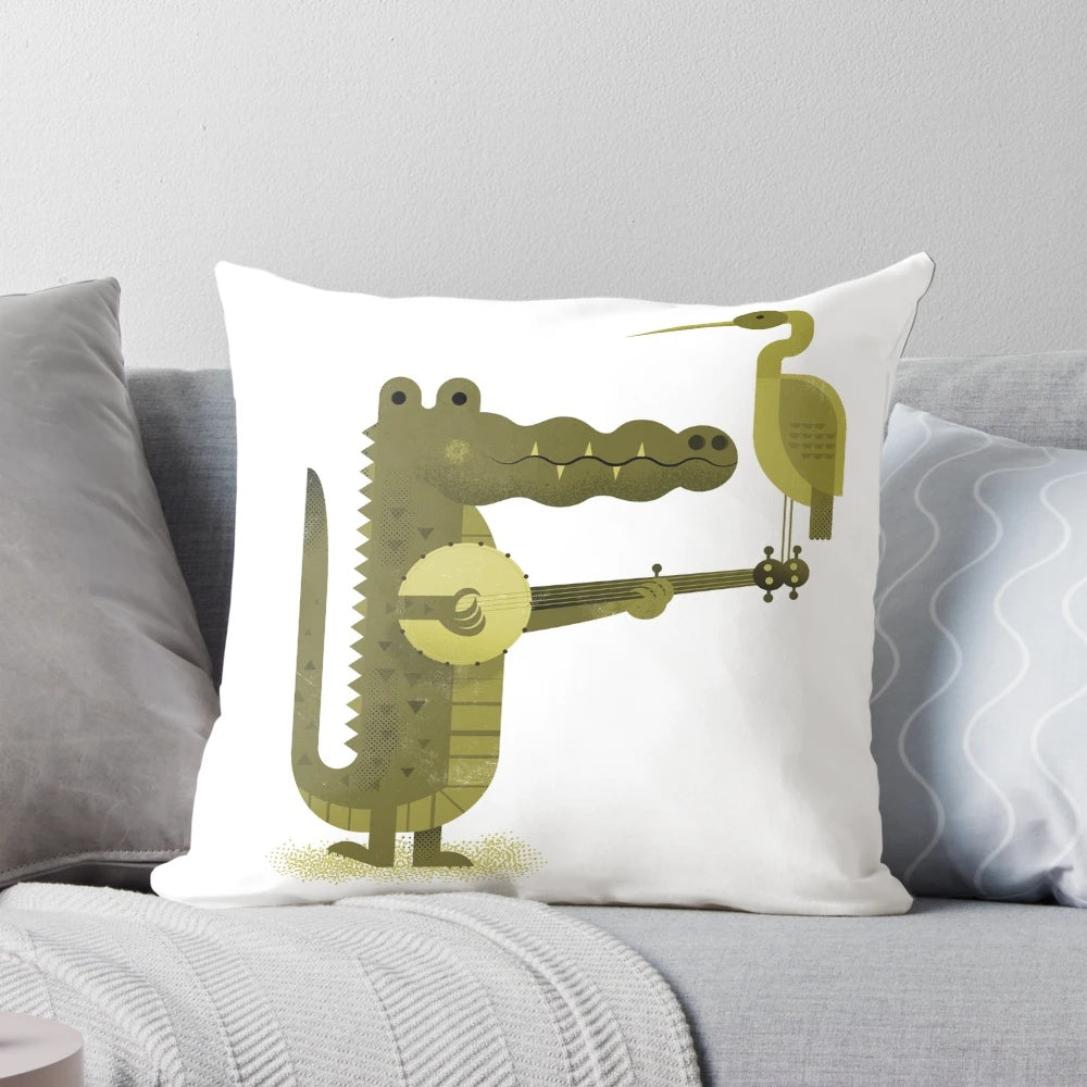 A decorative throw pillow featuring a vibrant digital art design of a crocodile and stork in a nature-inspired landscape.