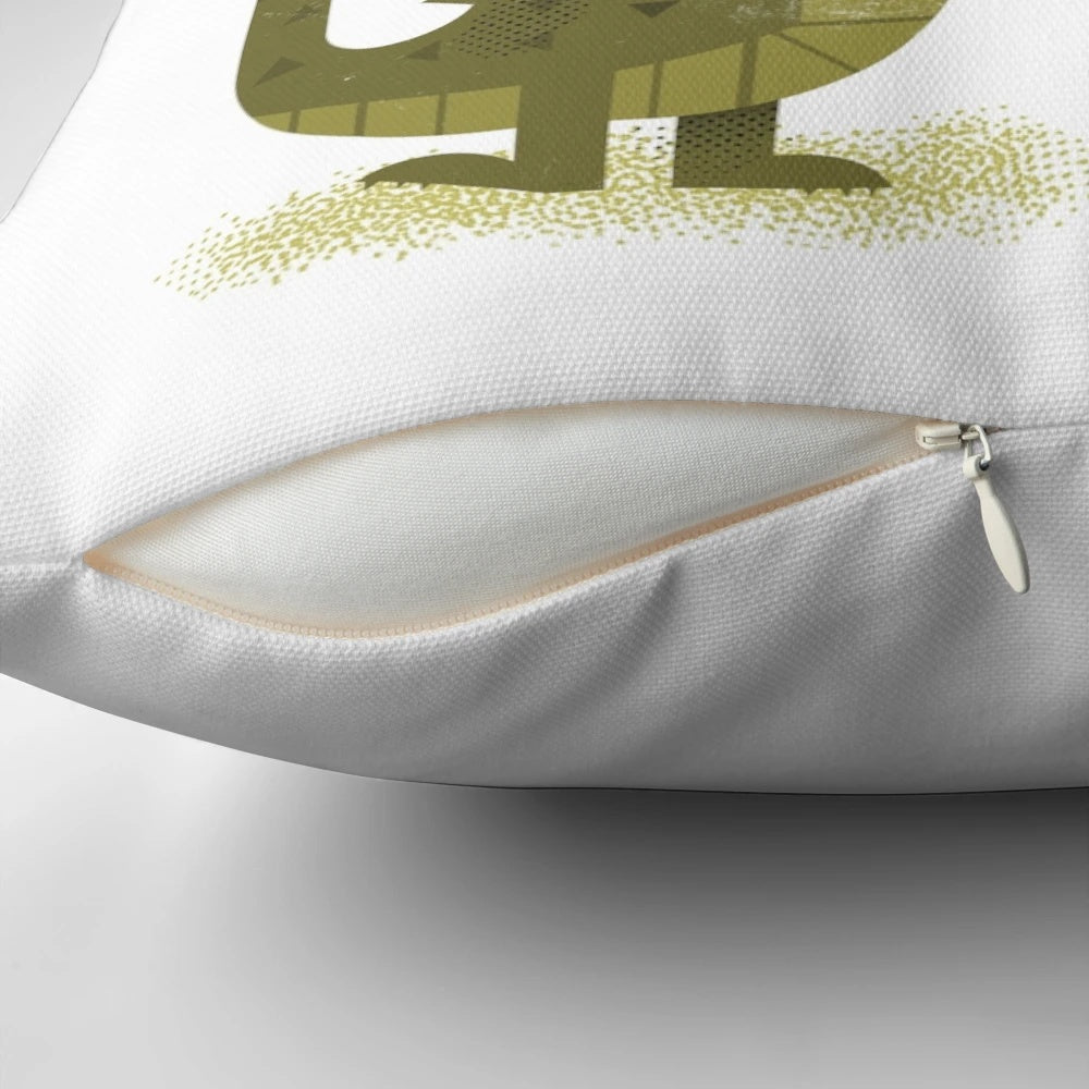 A decorative throw pillow featuring a vibrant digital art design of a crocodile and stork in a nature-inspired landscape.