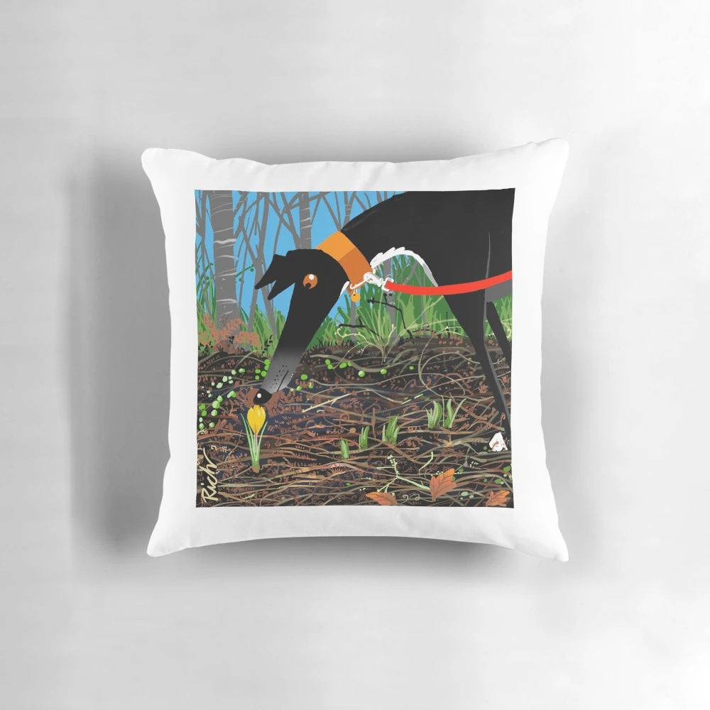 A Crocus Pillow featuring a colorful floral design, perfect for dog lovers and spring home decor.
