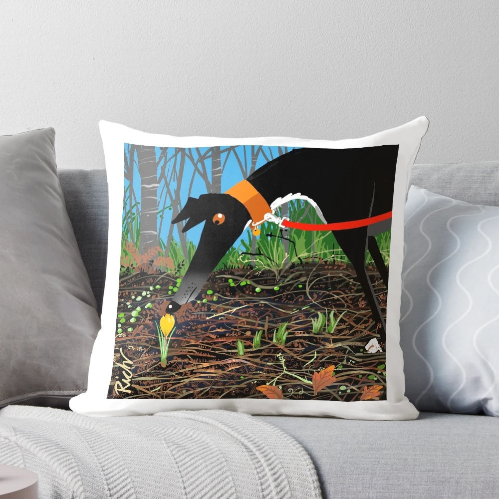A Crocus Pillow featuring a colorful floral design, perfect for dog lovers and spring home decor.