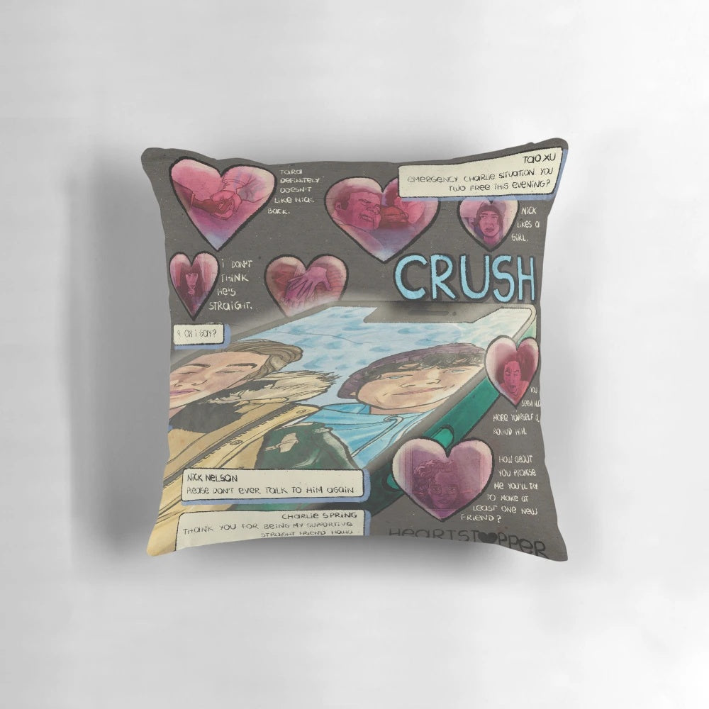 Soft and cuddly Heartstopper-themed pillow with "Crush" text