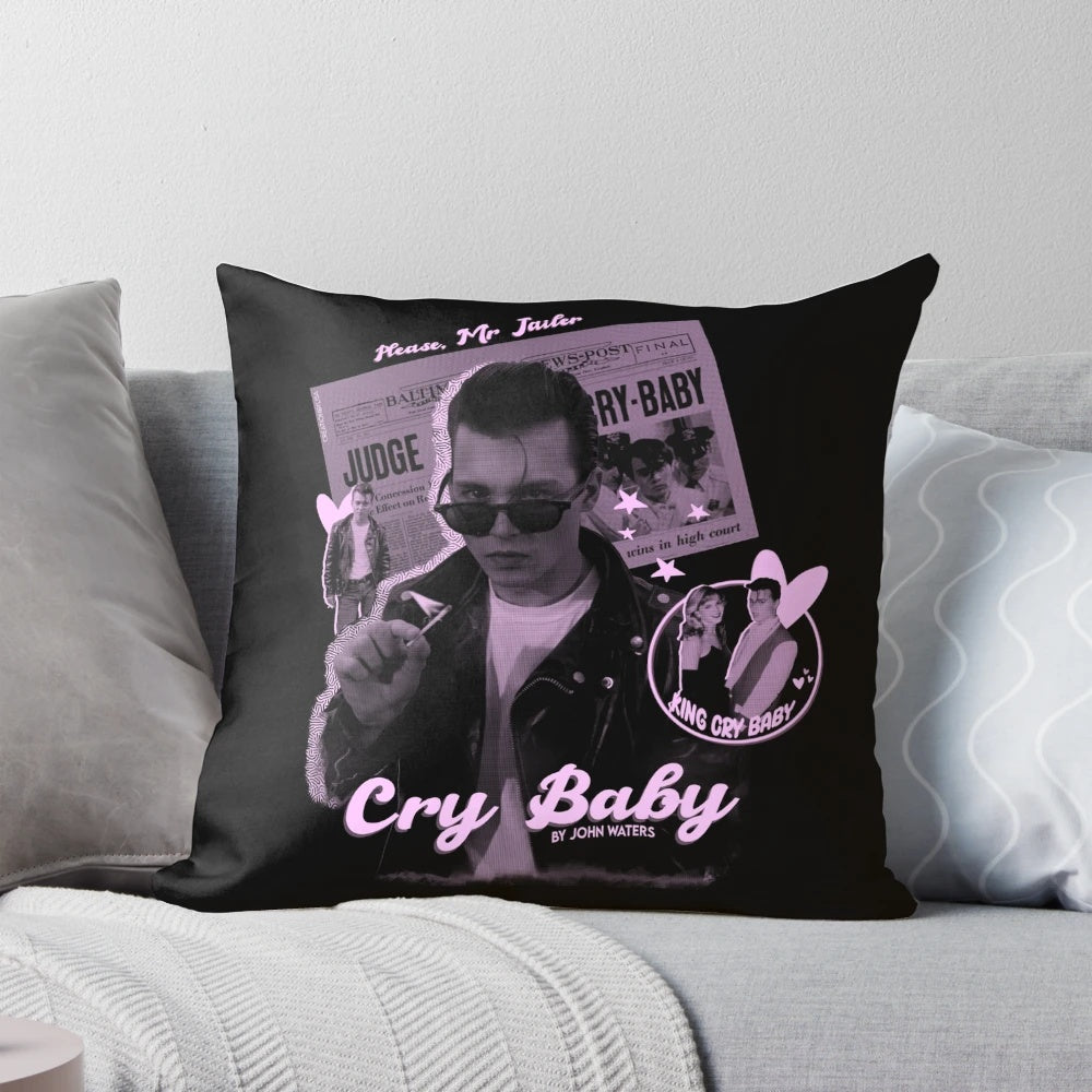 Vintage Cry Baby movie design pillow featuring Johnny Depp from the 90s cult classic film