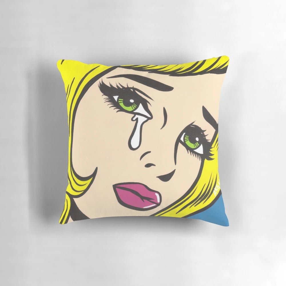 Vibrant Blonde Crying Comic Girl Pillow - Unique Decorative Accent for Home