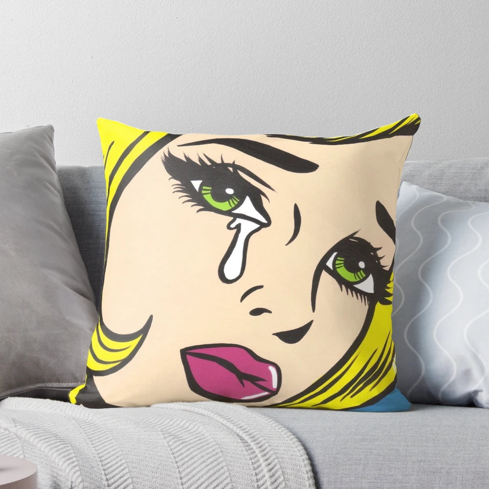 Vibrant Blonde Crying Comic Girl Pillow - Unique Decorative Accent for Home