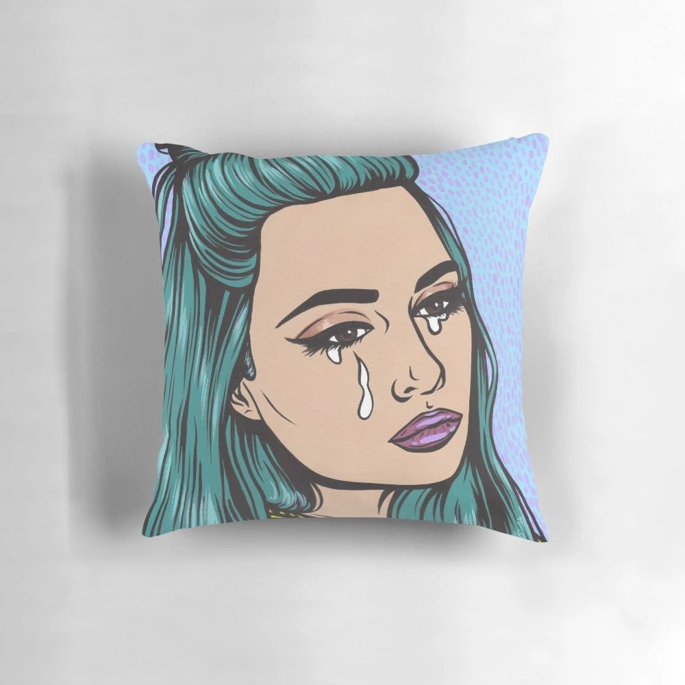 Teal Tears - Crying Comic Pop Art Girl Pillow by Vermont artist Allyson Gutchell