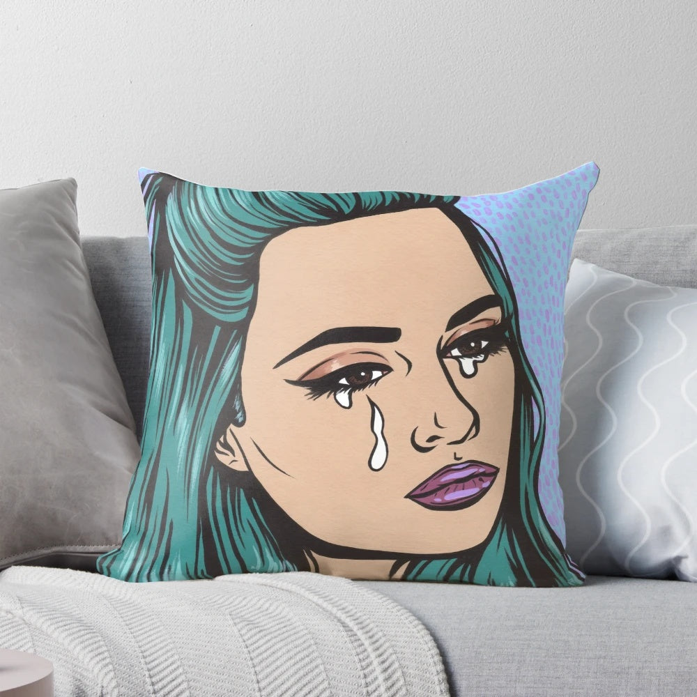 Teal Tears - Crying Comic Pop Art Girl Pillow by Vermont artist Allyson Gutchell