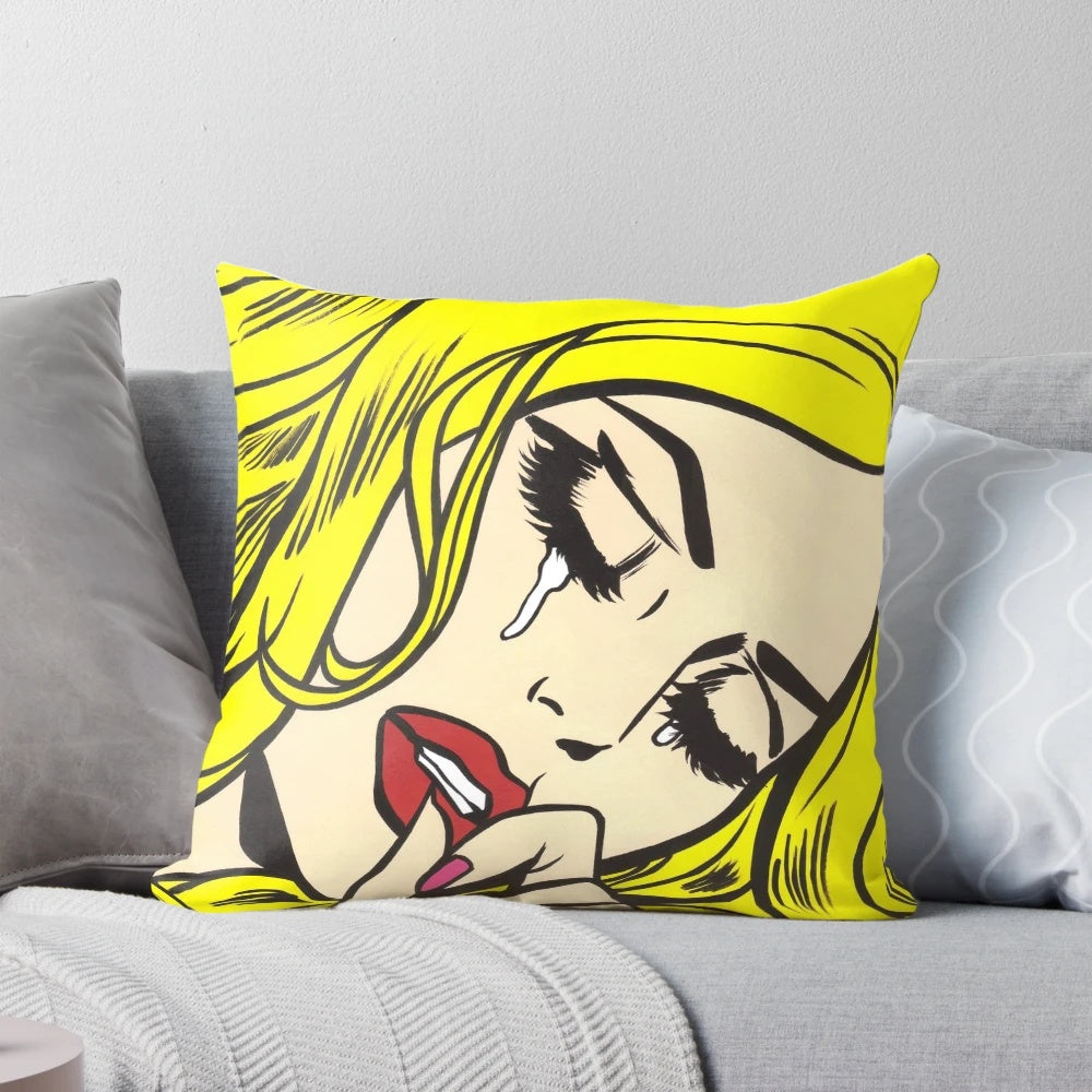 A decorative throw pillow featuring a crying comic book style illustration in a vintage modern art design.
