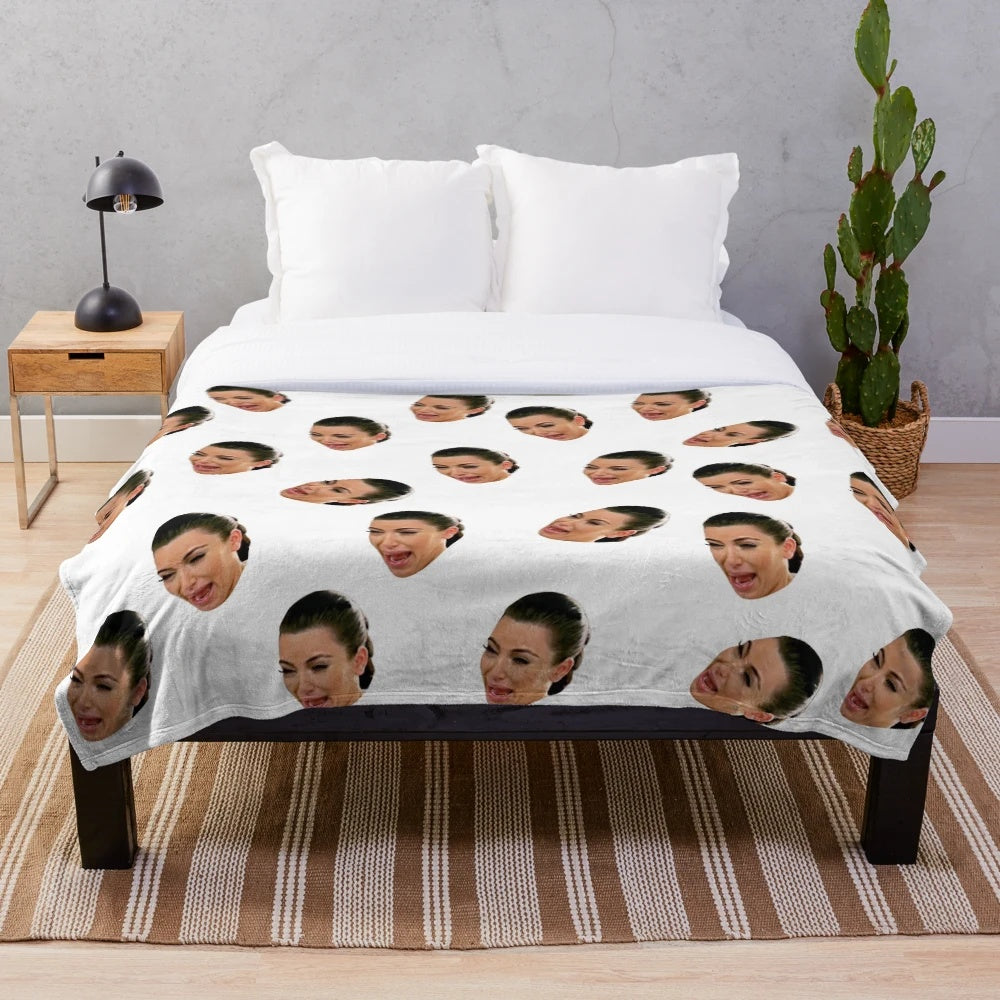 Crying Kim Kardashian inspired plush blanket with pop culture collage design