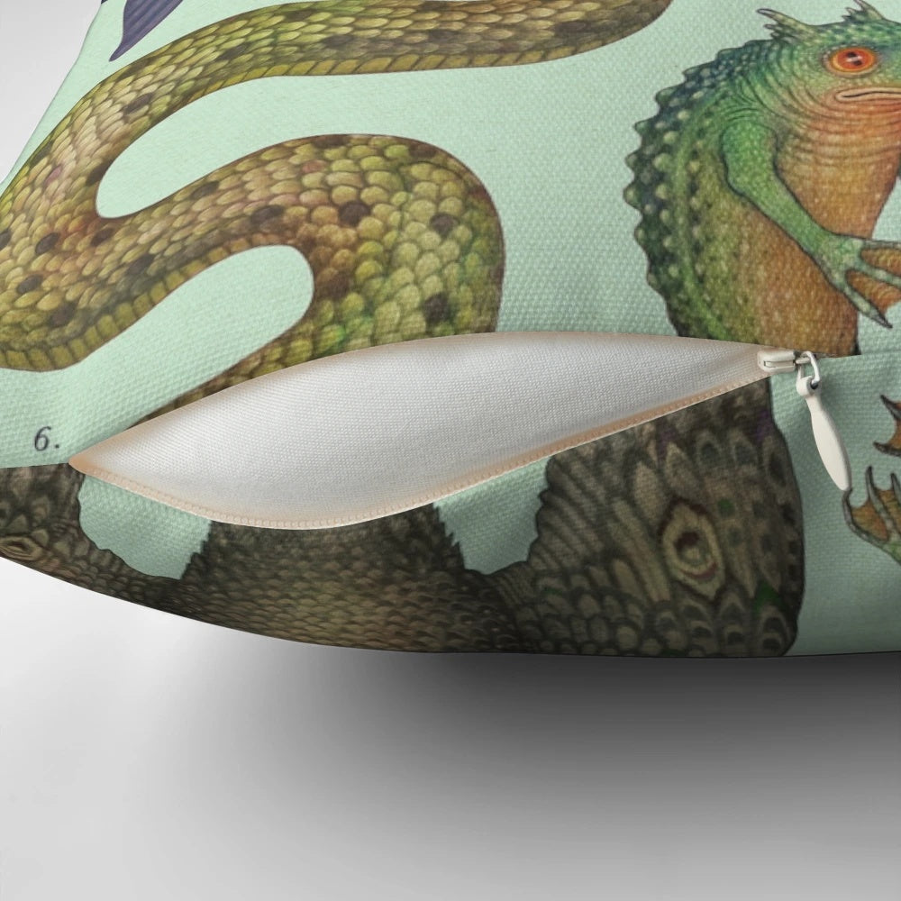 Decorative pillow featuring illustrations of legendary cryptid creatures from the Americas