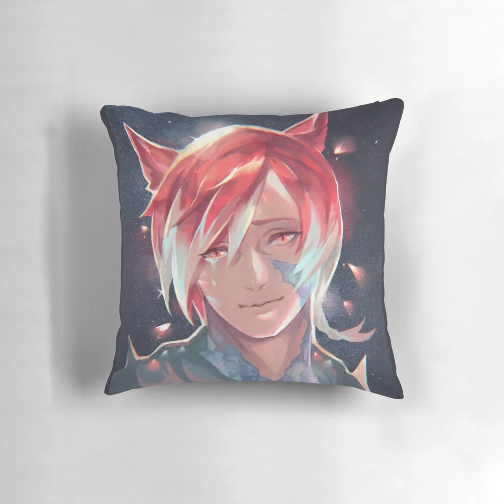 Crystalline fantasy-inspired pillow with miqo'te design