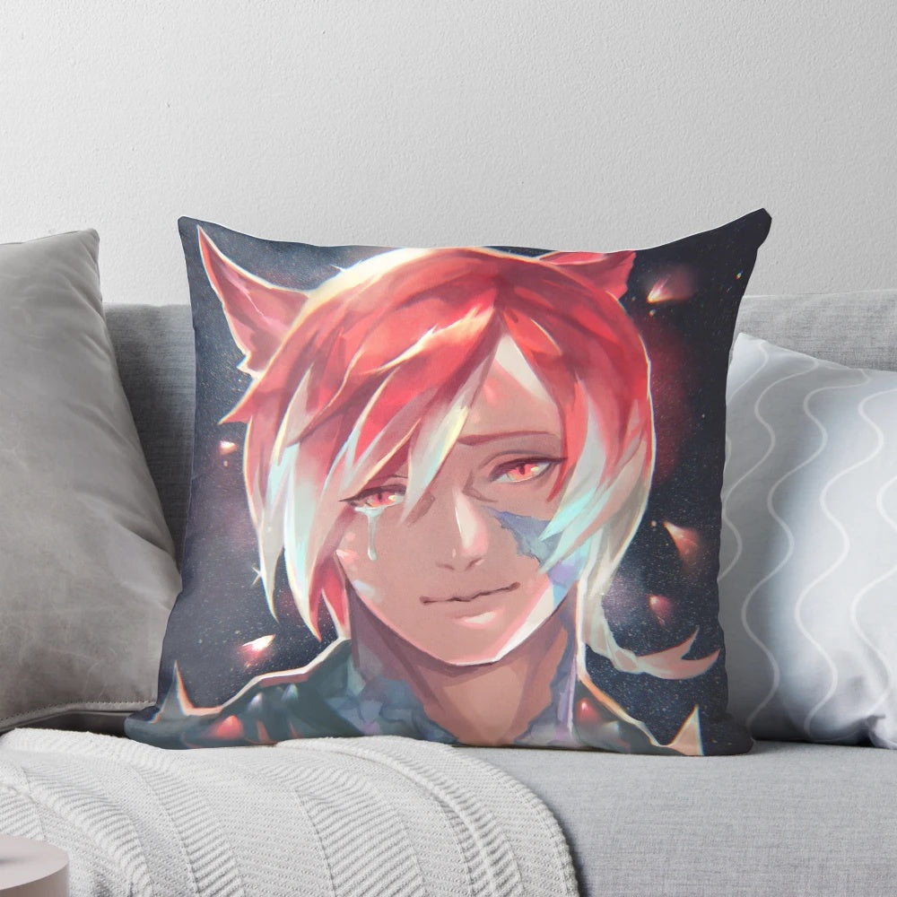 Crystalline fantasy-inspired pillow with miqo'te design