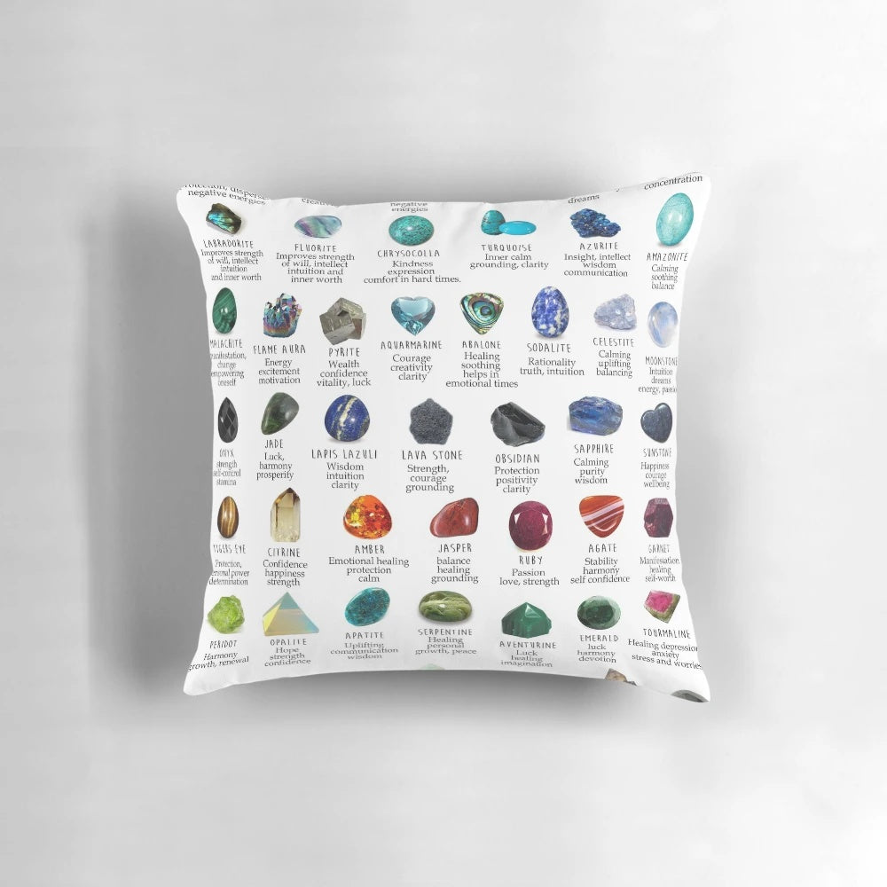 Crystals and gemstones identification pillow with information on meanings, charts, and natural minerals