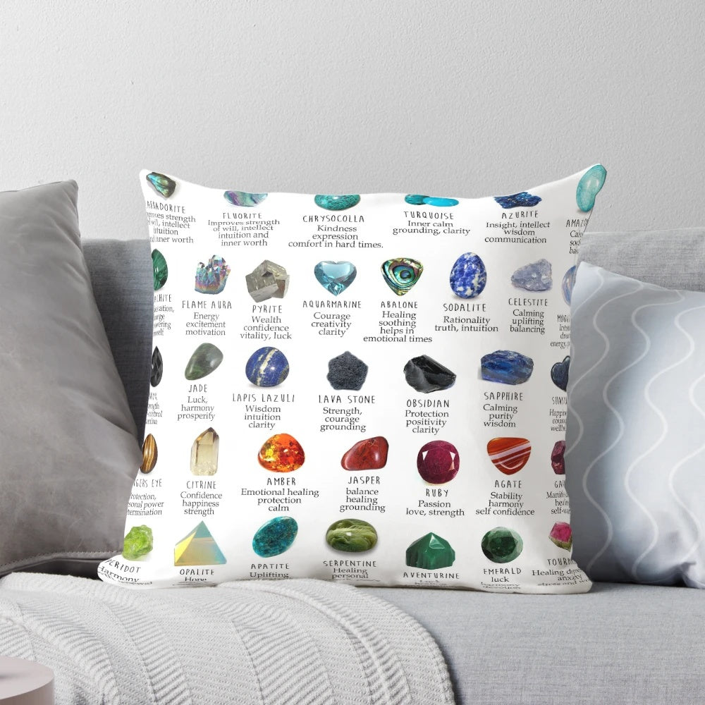 Crystals and gemstones identification pillow with information on meanings, charts, and natural minerals