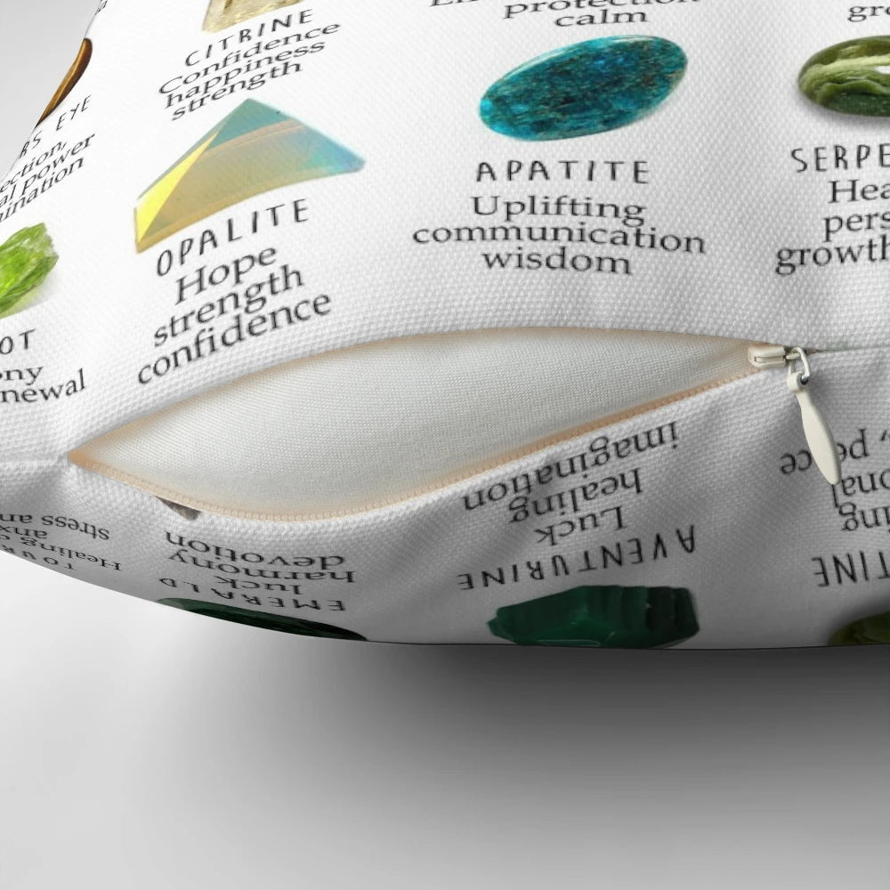 Crystals and gemstones identification pillow with information on meanings, charts, and natural minerals