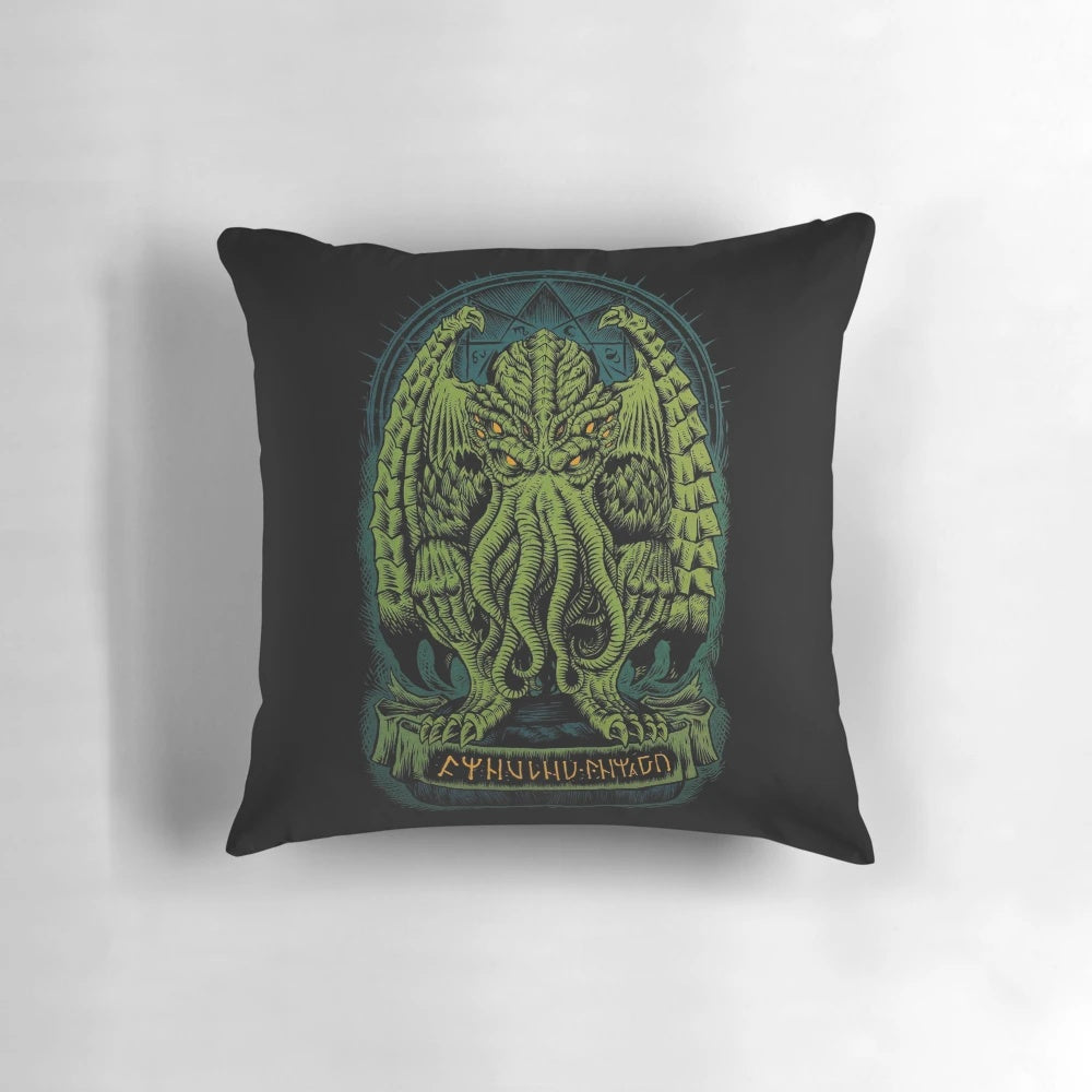 A plush pillow featuring the image of Cthulhu, the iconic eldritch horror from HP Lovecraft's Cthulhu Mythos.