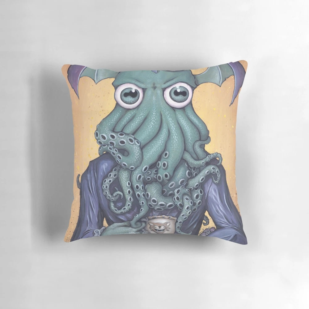 A decorative pillow featuring a Cthulhu-inspired design with purple and Victorian-style elements.