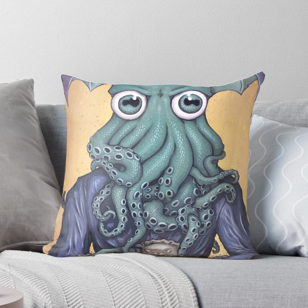 A decorative pillow featuring a Cthulhu-inspired design with purple and Victorian-style elements.