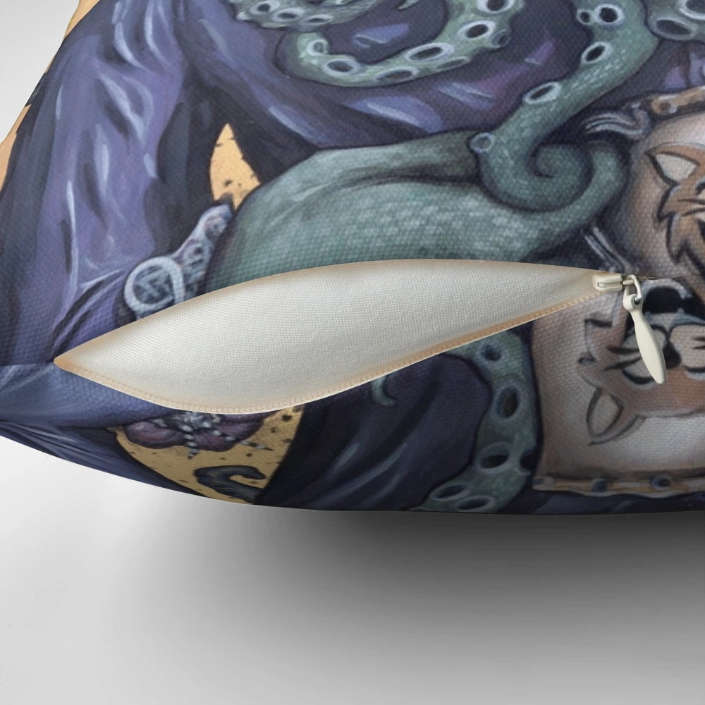 A decorative pillow featuring a Cthulhu-inspired design with purple and Victorian-style elements.