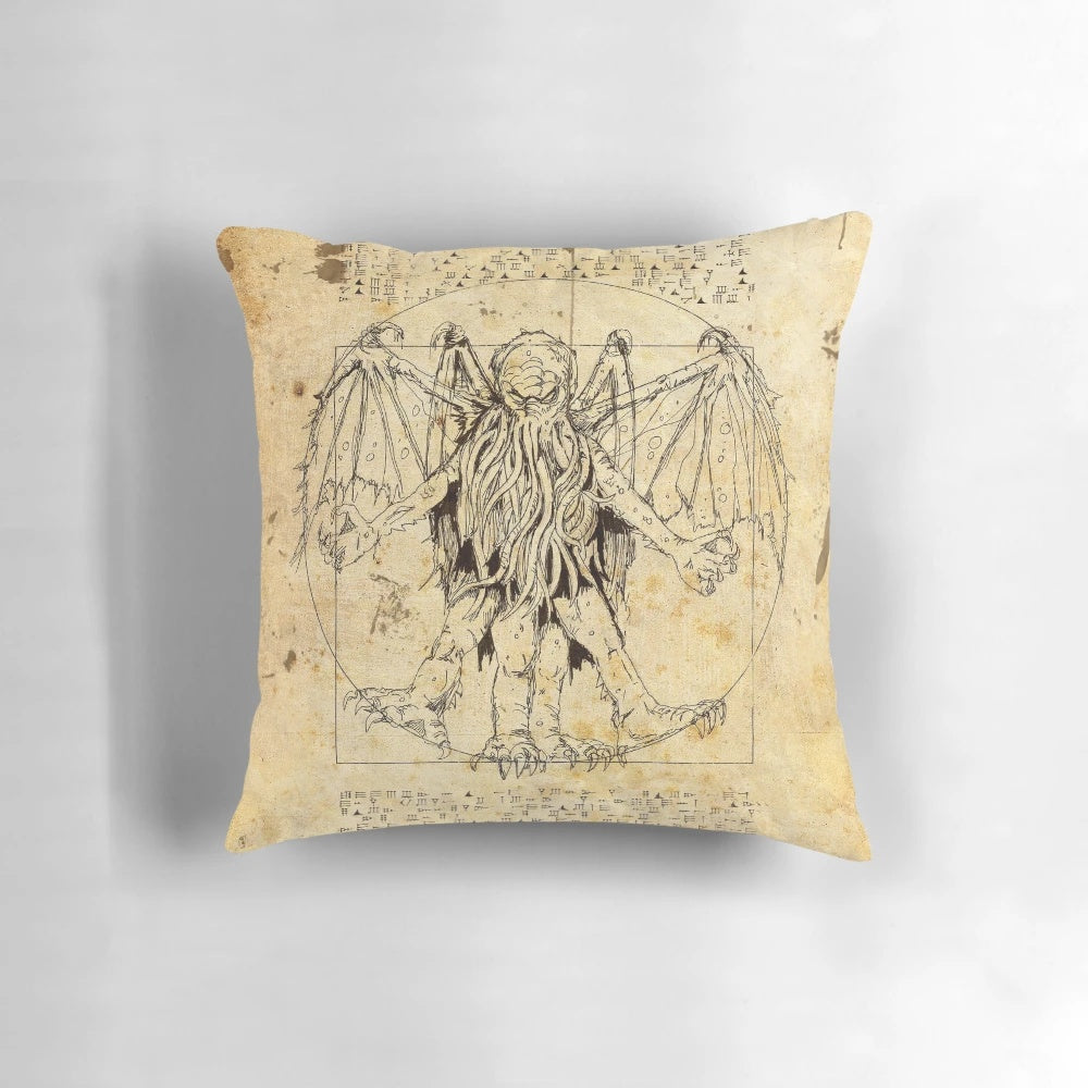 Cthulhu Vitruvian inspired throw pillow featuring the iconic H.P. Lovecraft horror design